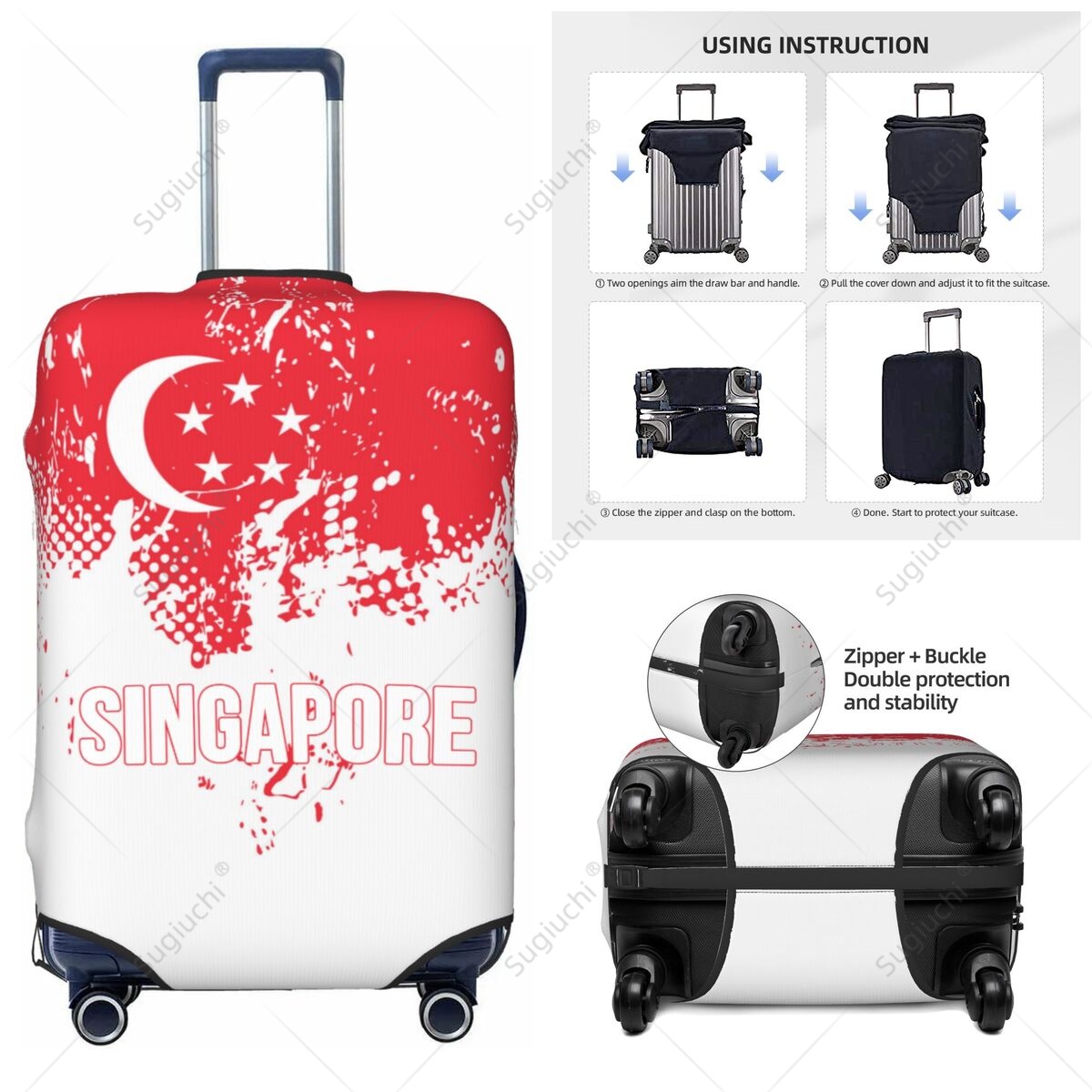 Travel Accessories Singapore - Singapur Bayrağı Bagaj Kapağı Bavul Elastik